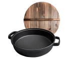 SOGA 35cm Round Cast Iron Pre-seasoned Deep Baking Pizza Frying Pan Skillet with Wooden Lid