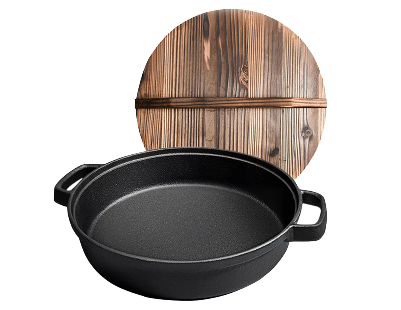 SOGA 35cm Round Cast Iron Pre-seasoned Deep Baking Pizza Frying Pan Skillet with Wooden Lid