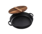 SOGA 35cm Round Cast Iron Pre-seasoned Deep Baking Pizza Frying Pan Skillet with Wooden Lid