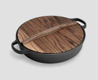 SOGA 35cm Round Cast Iron Pre-seasoned Deep Baking Pizza Frying Pan Skillet with Wooden Lid