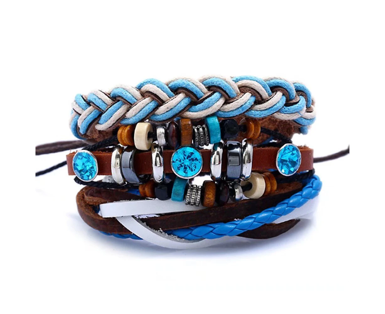 Duohan Multi-Strand Hand woven Cowhide Charm Bracelet Set , Women's Leather Set of 3 Bracelets - Brown\Blue