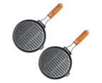 SOGA 2X 24cm Round Ribbed Cast Iron Steak Frying Grill Skillet Pan with Folding Wooden Handle