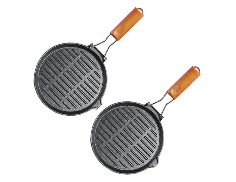 SOGA 2X 24cm Round Ribbed Cast Iron Steak Frying Grill Skillet Pan with Folding Wooden Handle