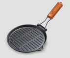 SOGA 2X 24cm Round Ribbed Cast Iron Steak Frying Grill Skillet Pan with Folding Wooden Handle