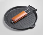 SOGA 2X 24cm Round Ribbed Cast Iron Steak Frying Grill Skillet Pan with Folding Wooden Handle