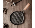 SOGA 2X 24cm Round Ribbed Cast Iron Steak Frying Grill Skillet Pan with Folding Wooden Handle