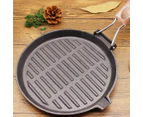 SOGA 2X 24cm Round Ribbed Cast Iron Steak Frying Grill Skillet Pan with Folding Wooden Handle