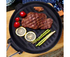 SOGA 2X 24cm Round Ribbed Cast Iron Steak Frying Grill Skillet Pan with Folding Wooden Handle