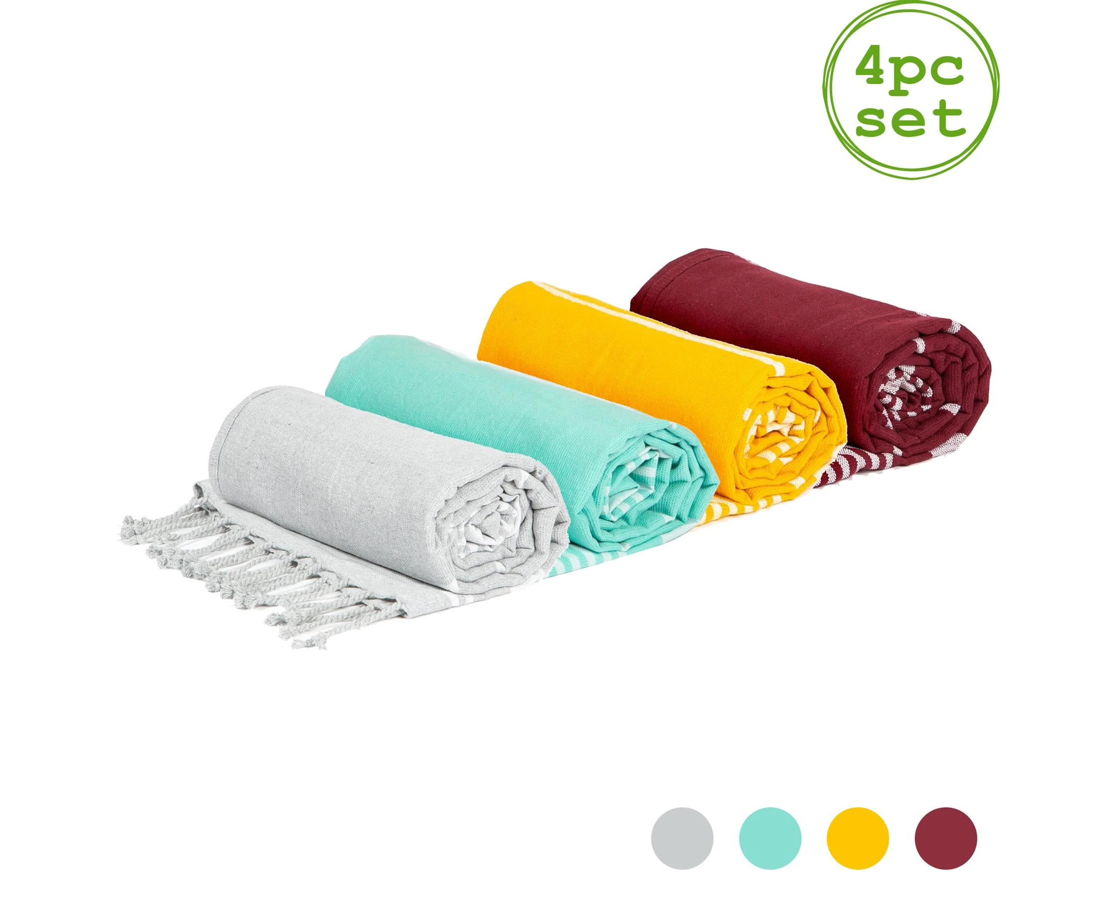 Nicola Spring 4pc Deluxe Turkish Cotton Towels Set - Lightweight Beach Bath Peshtemal Fouta Throw Sheet - 4 Colours