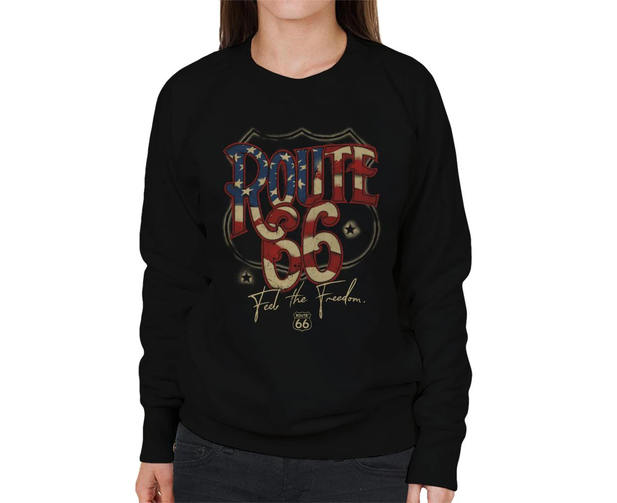 Route 66 US Flag Text Women's Sweatshirt - Black