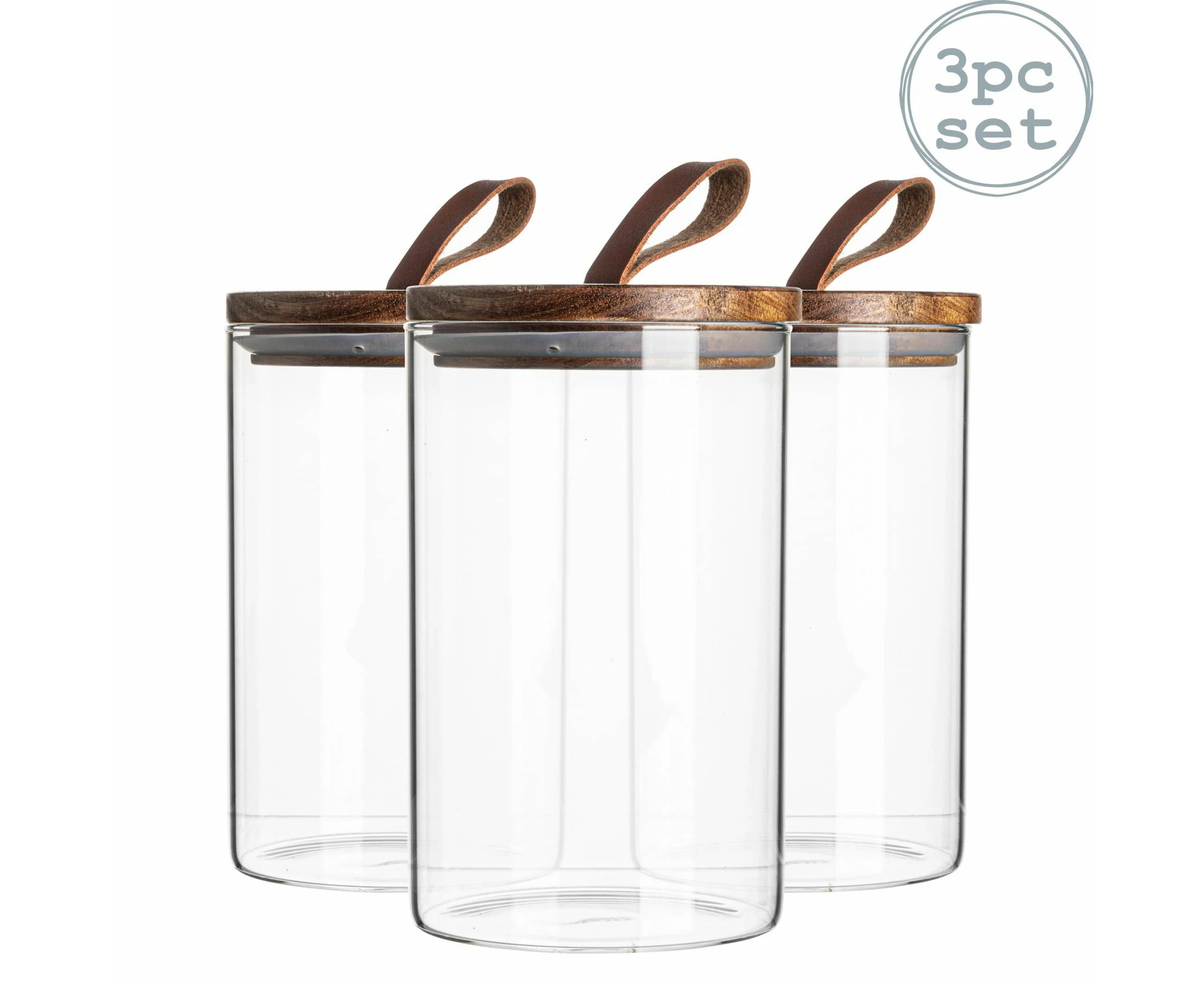 Argon Tableware 3 Piece Glass Jar With Wooden Lid Storage Container Set - 1 Litre