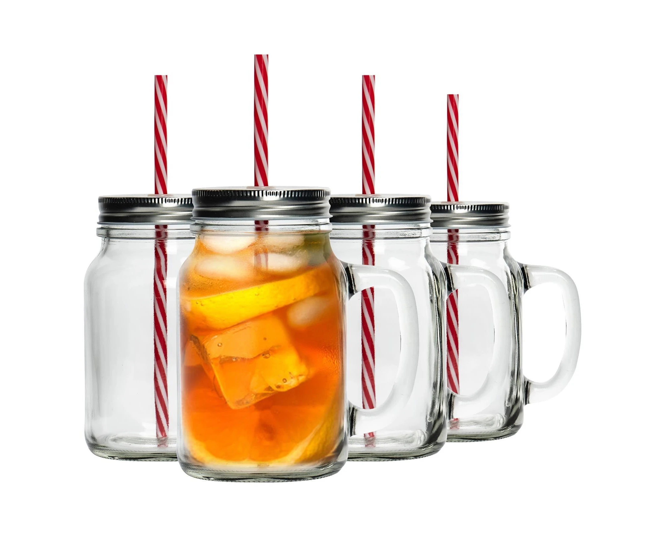 Rink Drink 4 Piece Glass Drinking Jars Set with Lid and Reusable Straw - Mason Style Jam Jar Glasses with Handle - 620ml