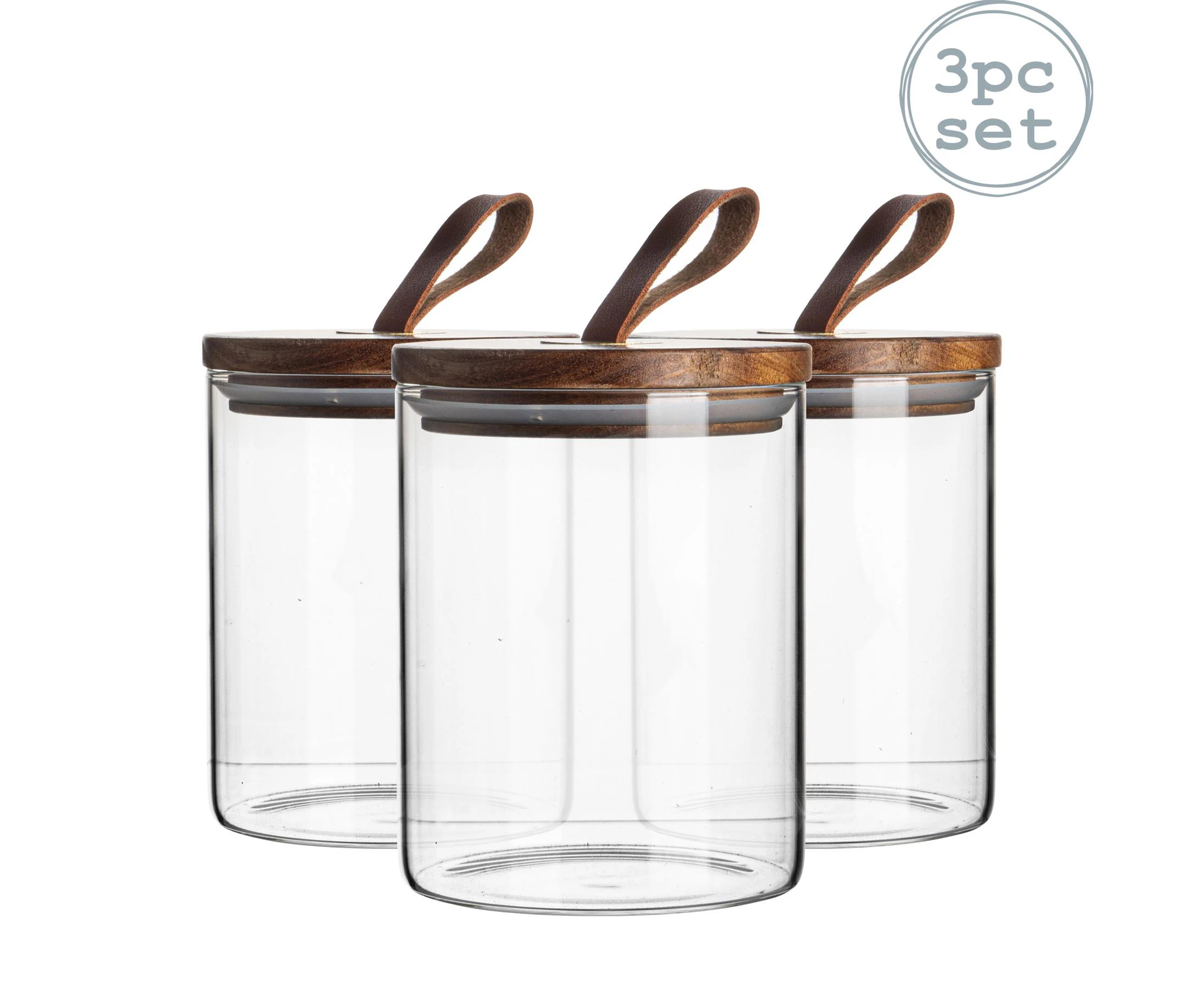 Argon Tableware 3 Piece Glass Jar With Wooden Lid Storage Container Set - Round Scandinavian Style Airtight Canister - 750ml