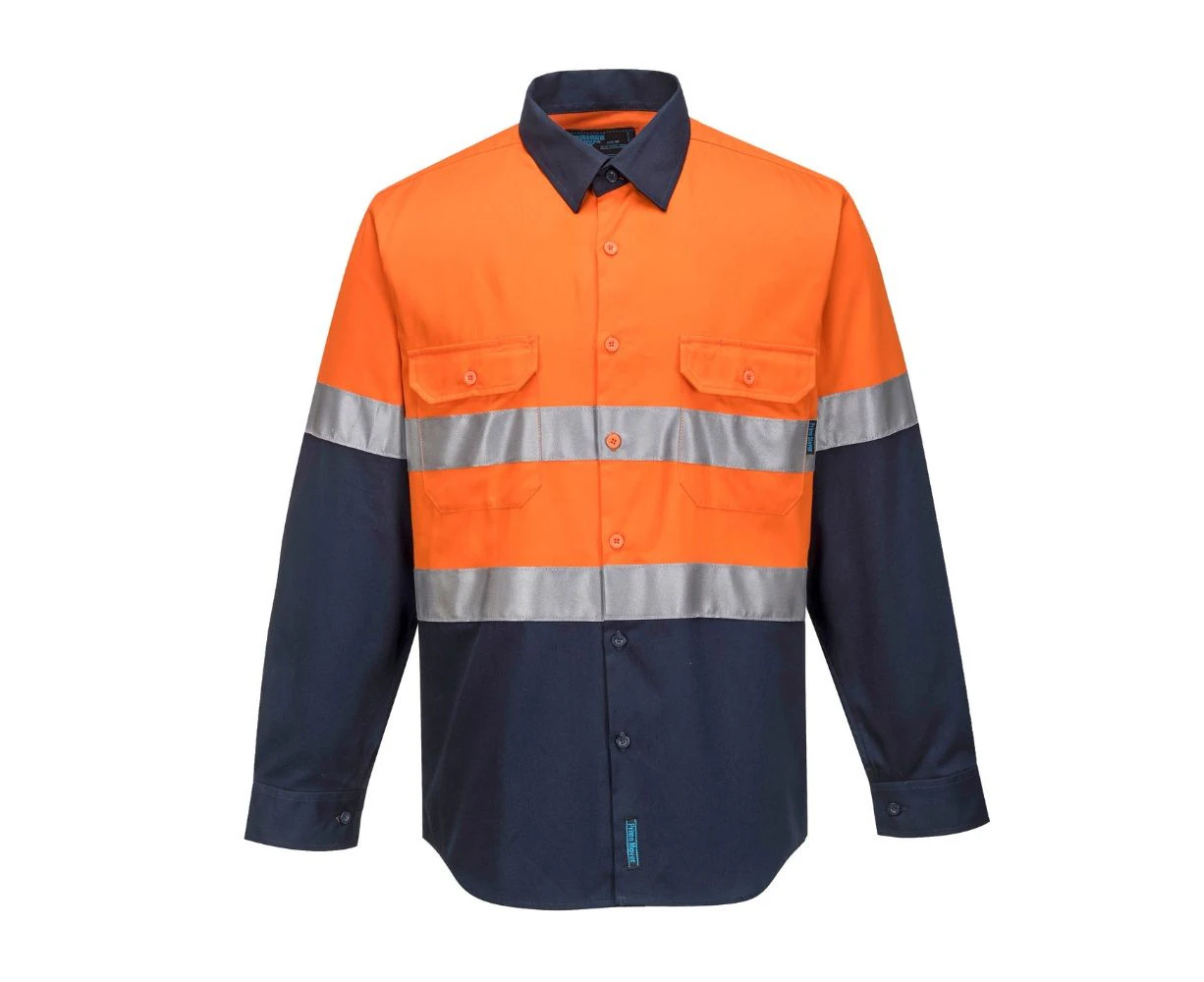 Prime Mover Hi-Vis Two Tone Regular Weight Long Sleeve Shirt with Tape Men's - Orange-navy