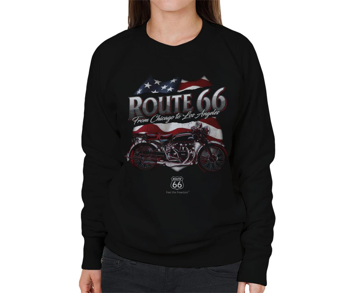 Route 66 US Flag & Motorcycle Women's Sweatshirt - Black