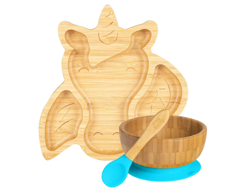 Blue Unicorn Children's Bamboo Suction Dinner Set - Stay Put Silicone Cup - Segmented - Eco-friendly - by Tiny Dining
