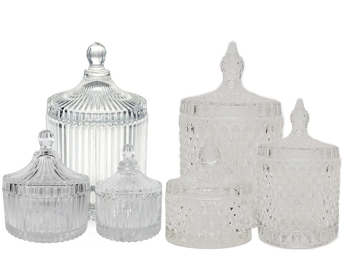 Set of 6 Mini Crystal Embossed Patterned Glass Storage Trinket Jewellery Jars - Clear