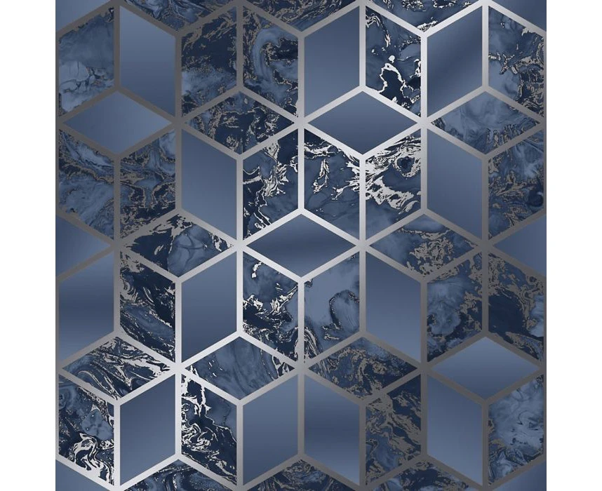 Muriva Elixir Cube Wallpaper Navy Blue/Silver