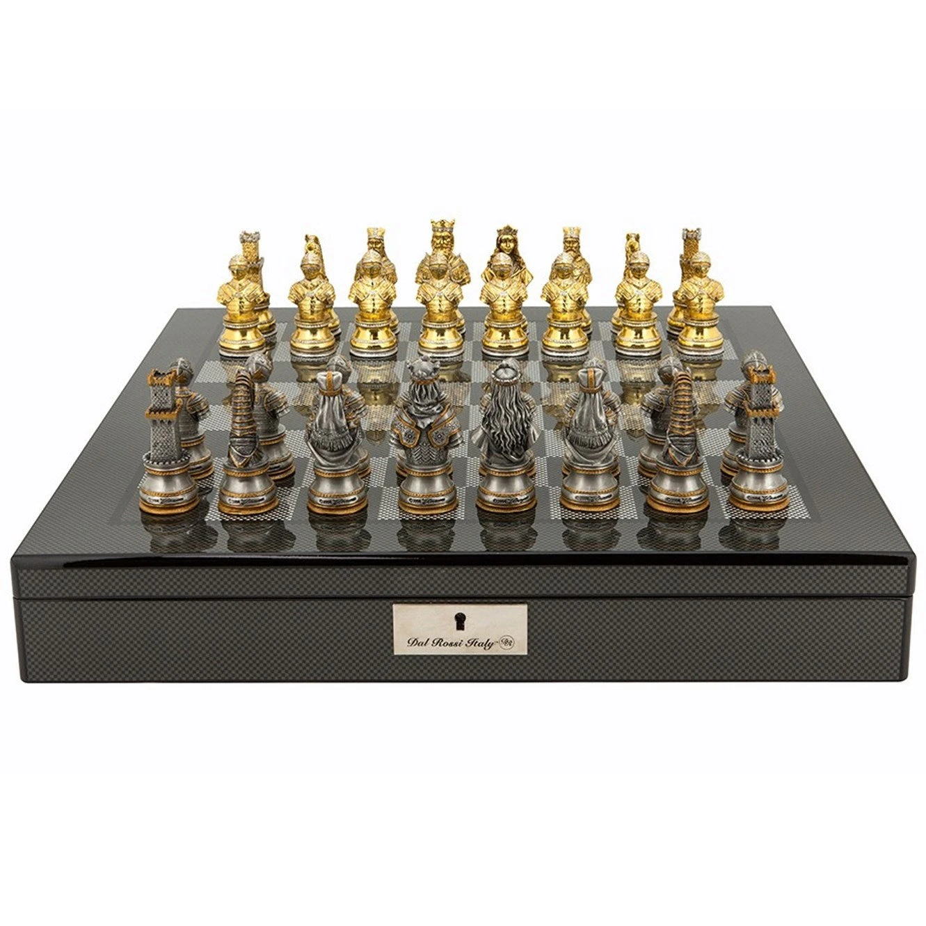 Dal Rossi Italy Medieval Warrior Themed Metal Chess Set on a 50cm Carbon Fibre Finish Board