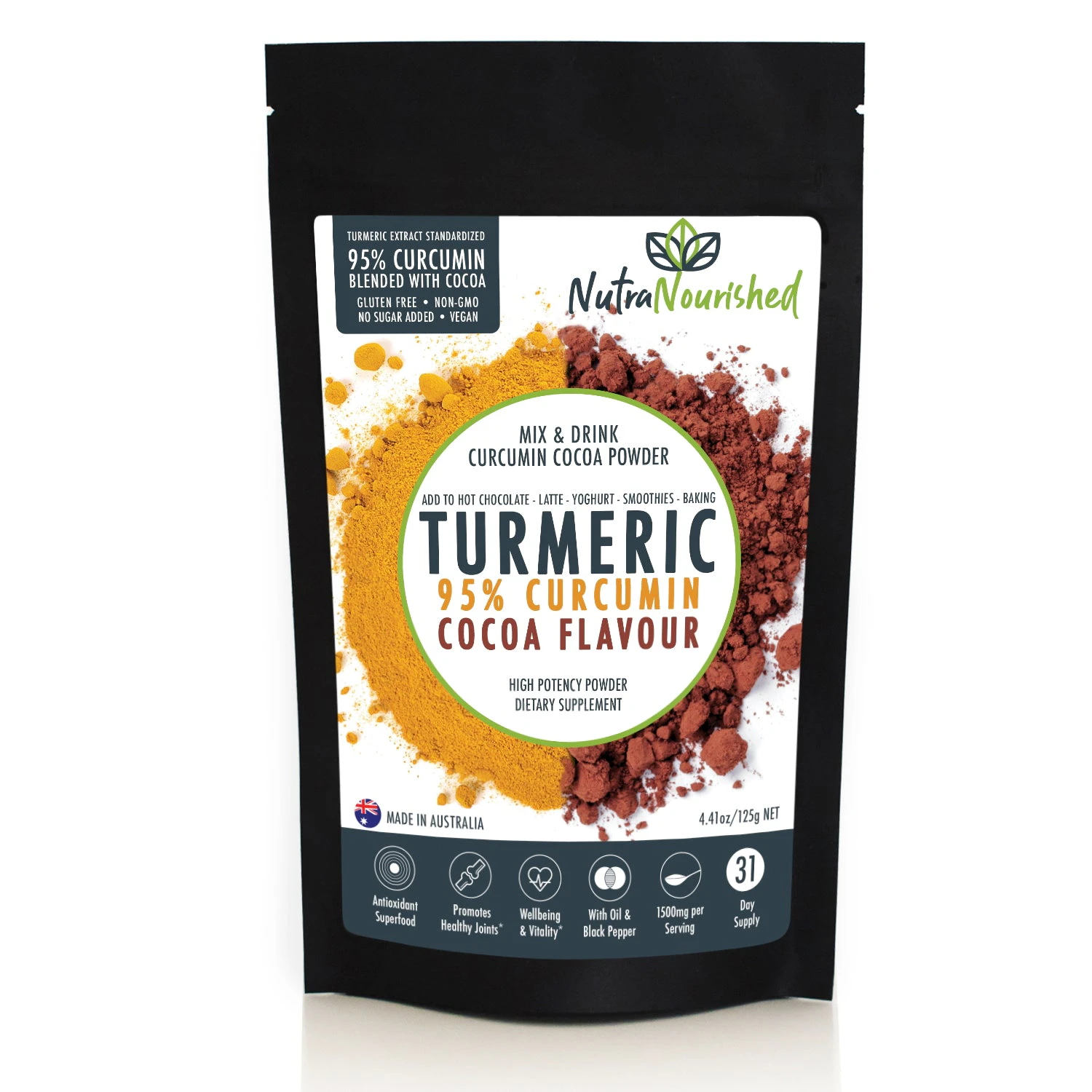 Turmeric 95% Curcumin Extract Powder - Cocoa Flavour (1,000mg), Organic, with Black Pepper, 1 Month