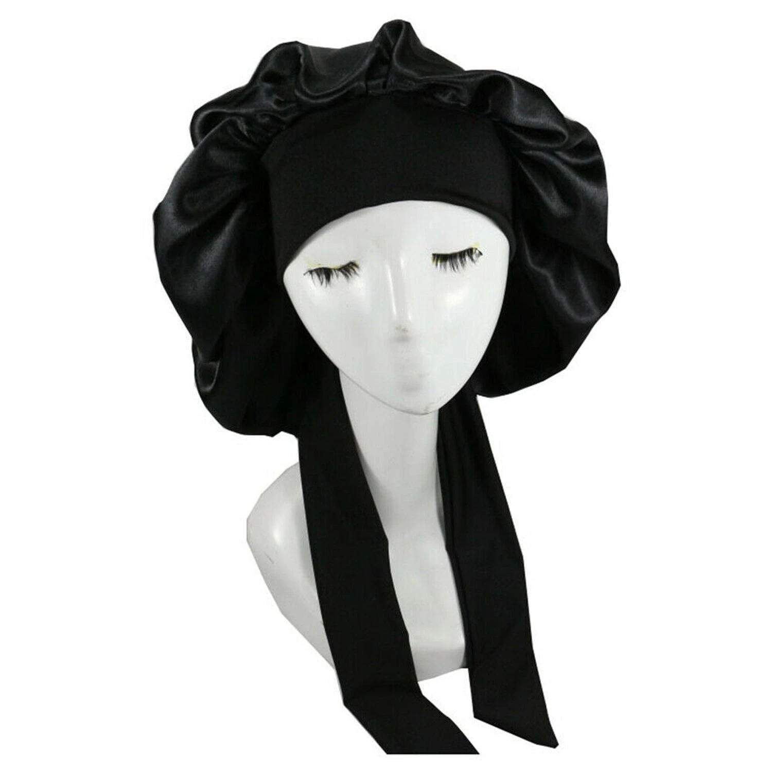 Black Sleeping Bonnet Hair Wrap Silk Satin Cap Women Elastic Night Soft Hat Headwear