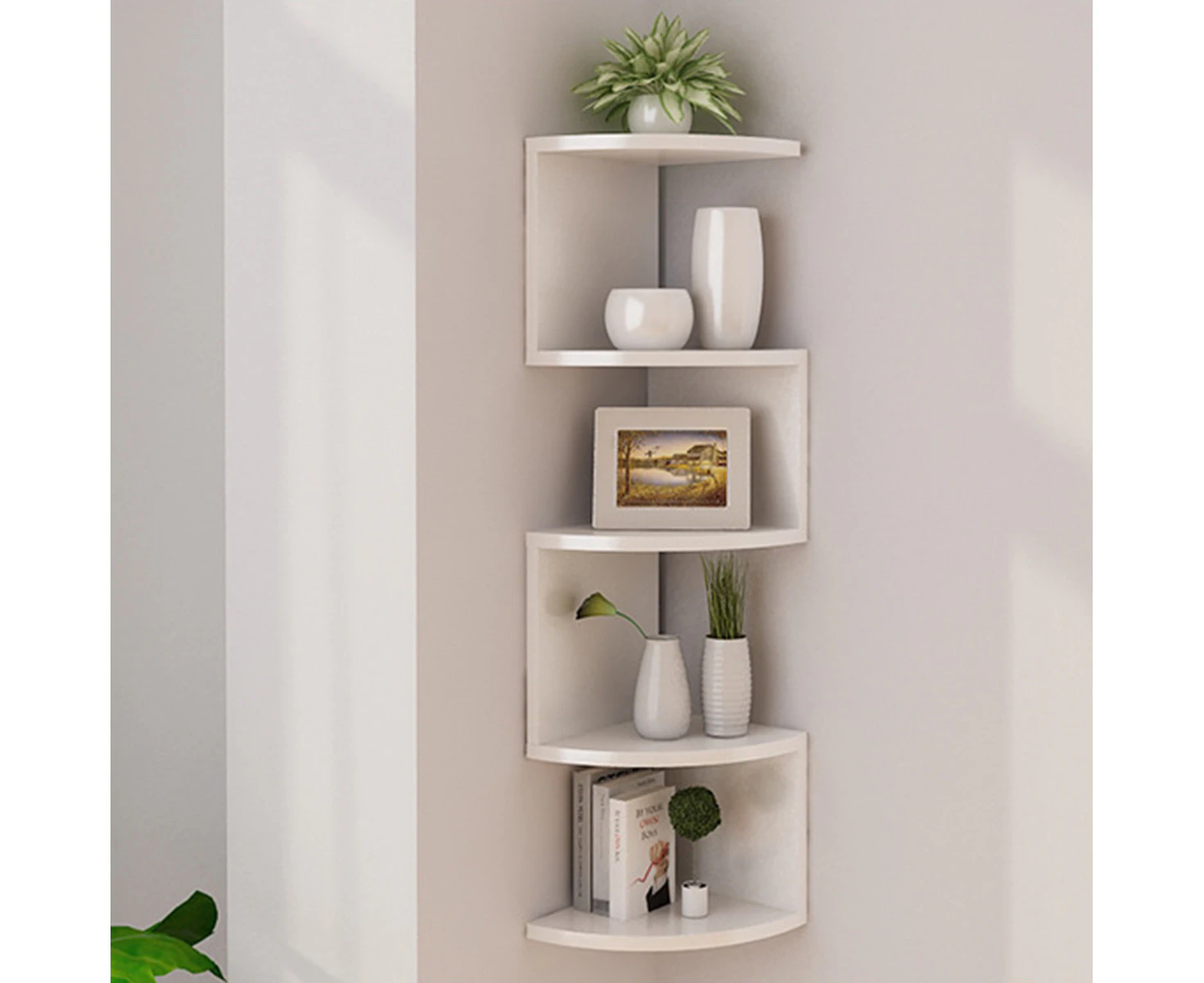 Meco White 5 Tier Corner Wall Shelf Display Shelves DVD Book Floating Mounted Storage Rack