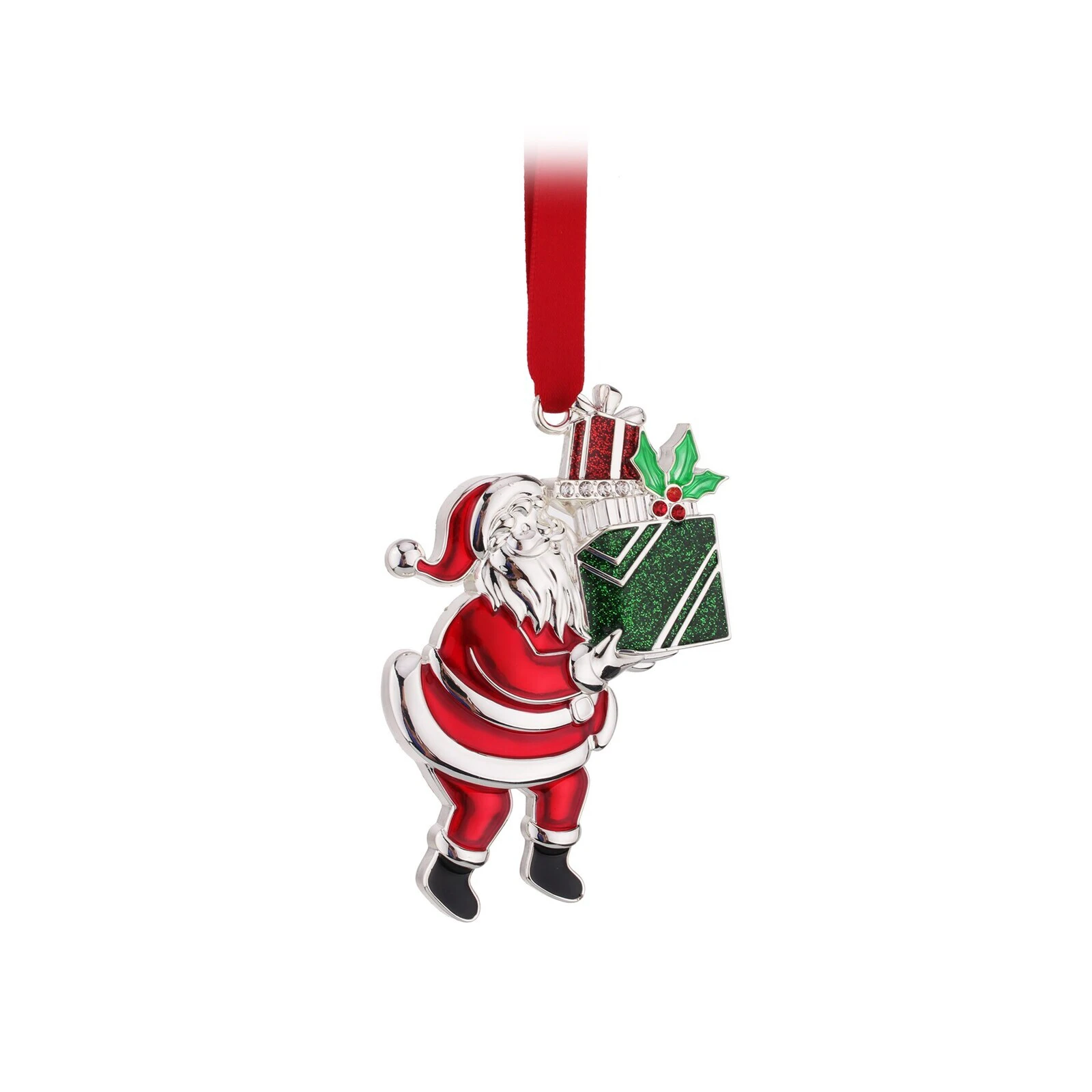 Whitehill Silver Santa with Giftbox Hanging Ornament 8cm