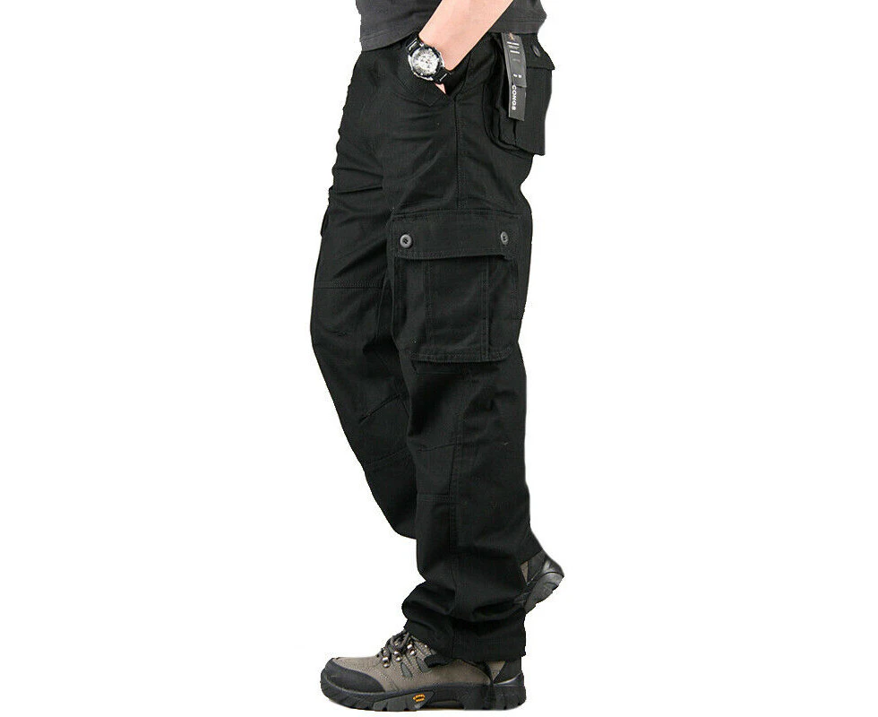 MasBekTe Men's Military Army Combat Cargo Work Pants Multi Pockets Outdoor Loose Trousers - Black