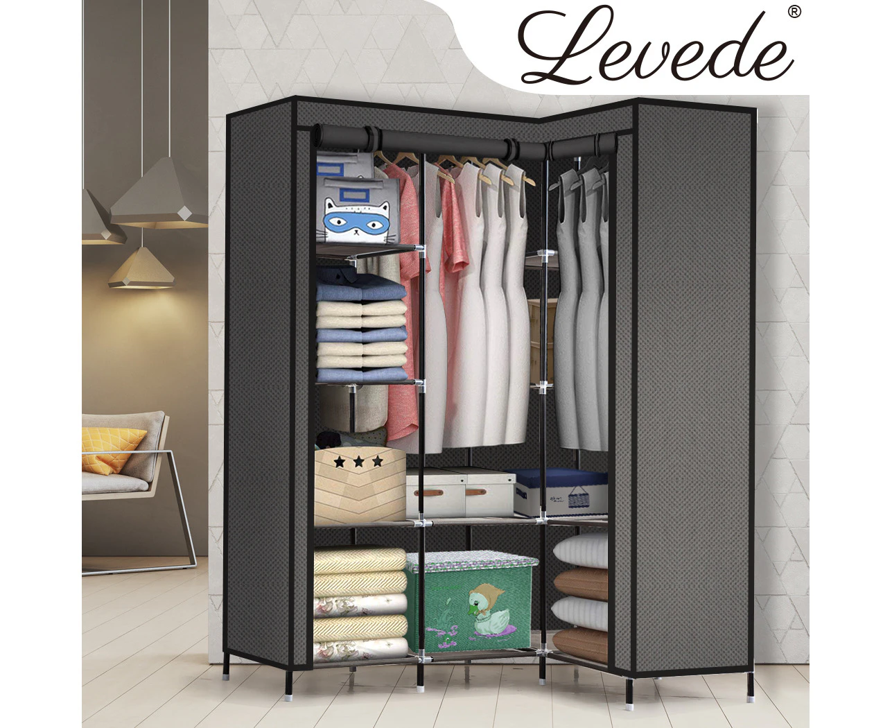 Levede Portable Corner Clothes Closet Wardrobe Storage Organiser Rack Unit Shelf