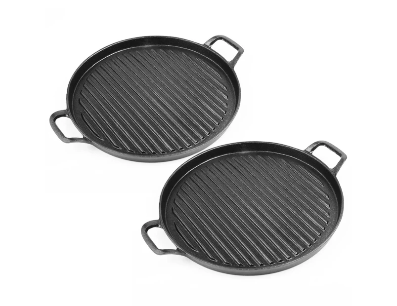 SOGA 2X 28cm Ribbed Cast Iron Frying Pan Skillet Coating Steak Sizzle Platter