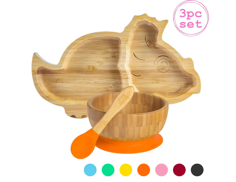 Orange Dinosaur Children's Bamboo Suction Dinner Set - Stay Put Silicone Cup - Segmented - Eco-friendly - by Tiny Dining