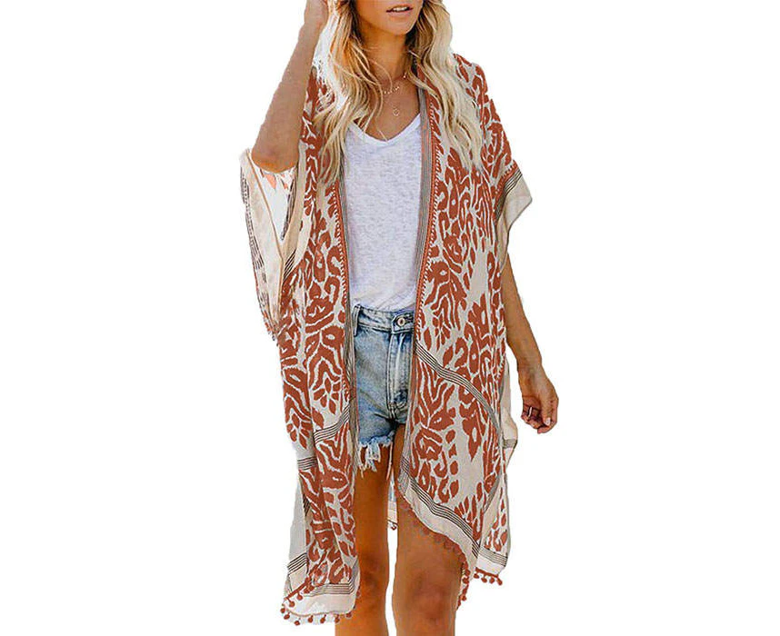 Strapsco Women Print Kimono Tassel Casual Cardigan V Neck Loose Swimsuit Cover Up Beachwear-Pink