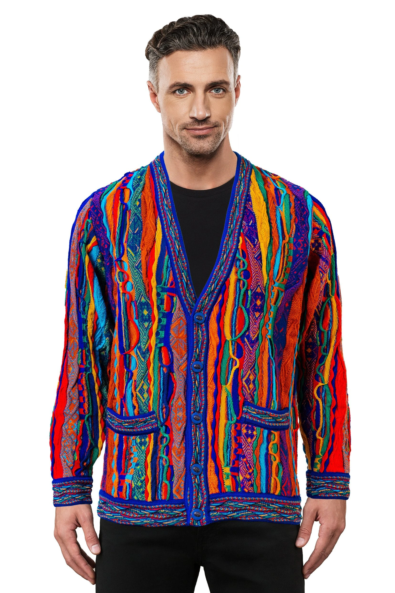 Geccu Men's Kanga   Bright V Cardigan Merino Wool 3d Knitwear