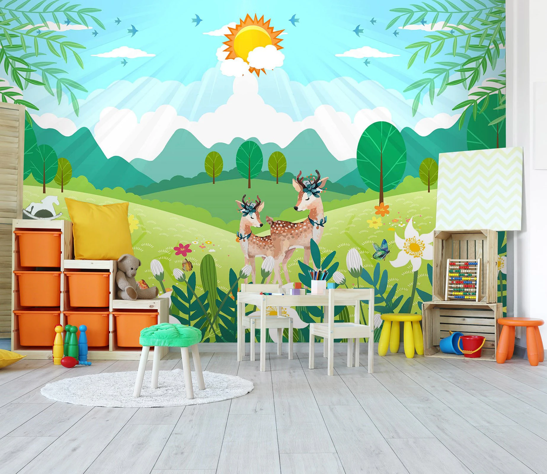 3D Sun Deer Grass 027 WallPaper Murals Wall Print Decal Wall Deco Indoor Wall Murals