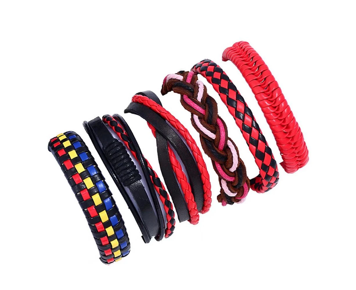 Duohan Multi-Strand Hand Woven Cowhide Bracelet Set, Genuine Leather Bracelets DIY Suit 6 - Black\Red