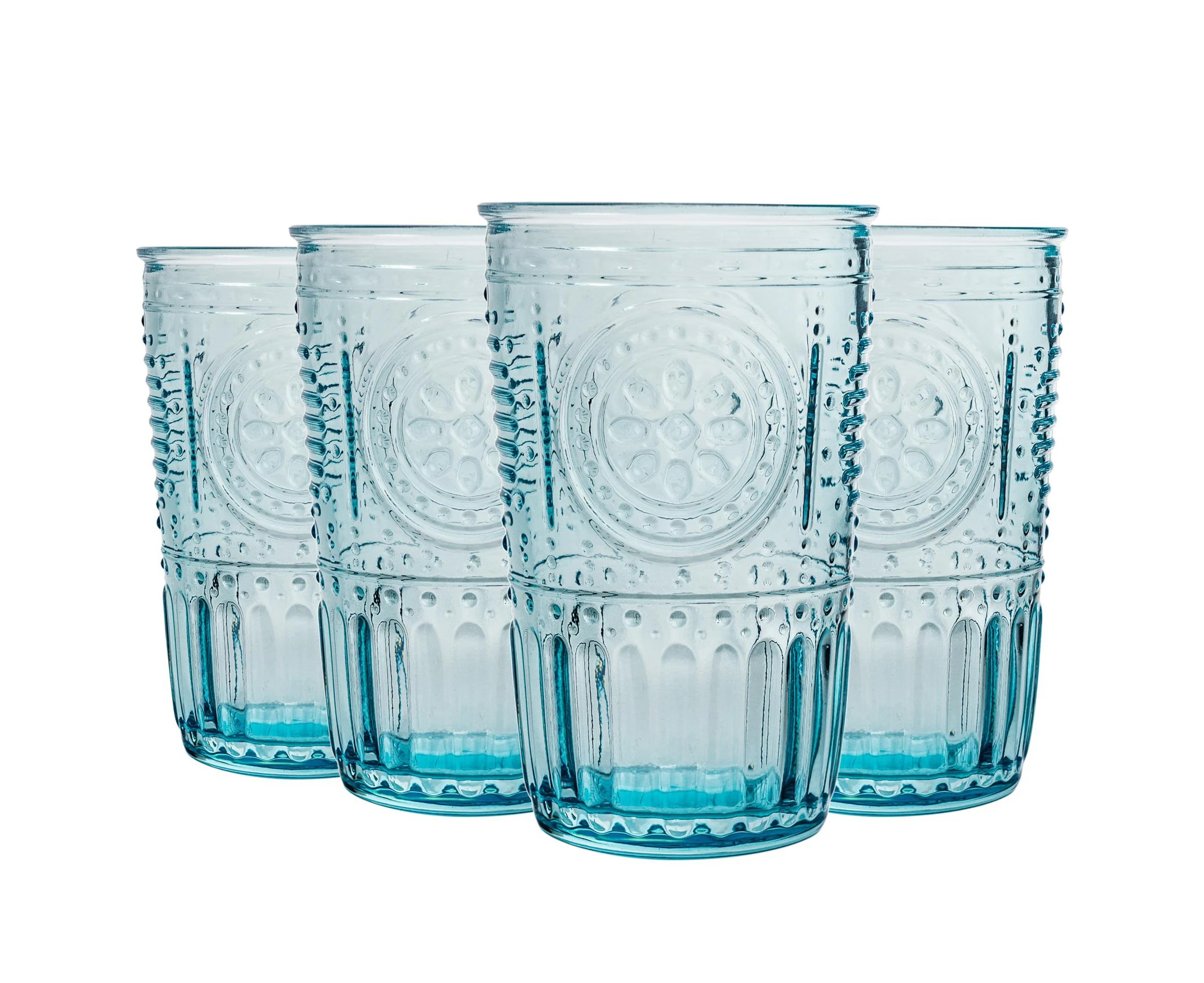 Bormioli Rocco 4pc Romantic Highball Glasses Set - Vintage Italian Cut Glass Cocktail Tumblers - 305ml - Blue