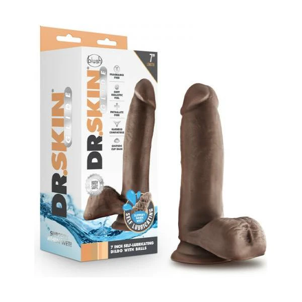 Dr. Skin Glide 7 Inch Self Lubricating Dildo With Balls Model Ds 7sldb For Men And Women Anal And Vaginal Pleasure Chocolate