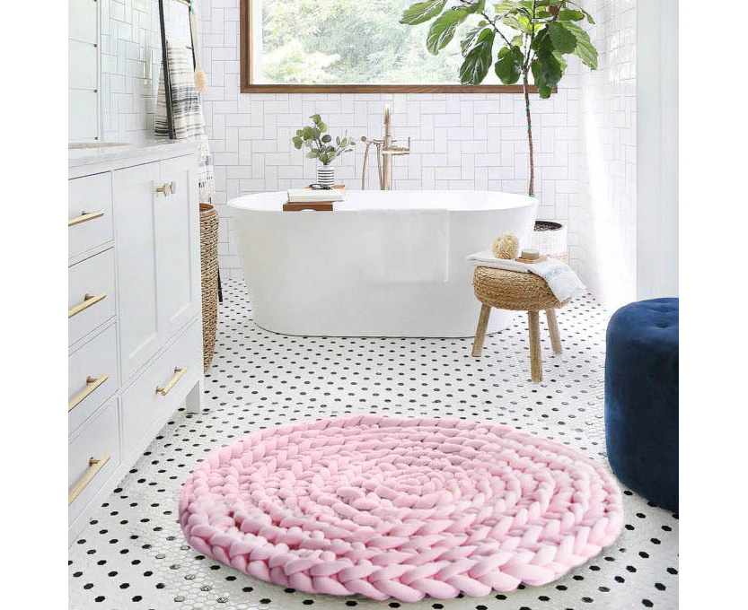 Hand Knitted Chunky Filled Tube Braid Floor Rug Round Crocheted Rug 90cm Pink