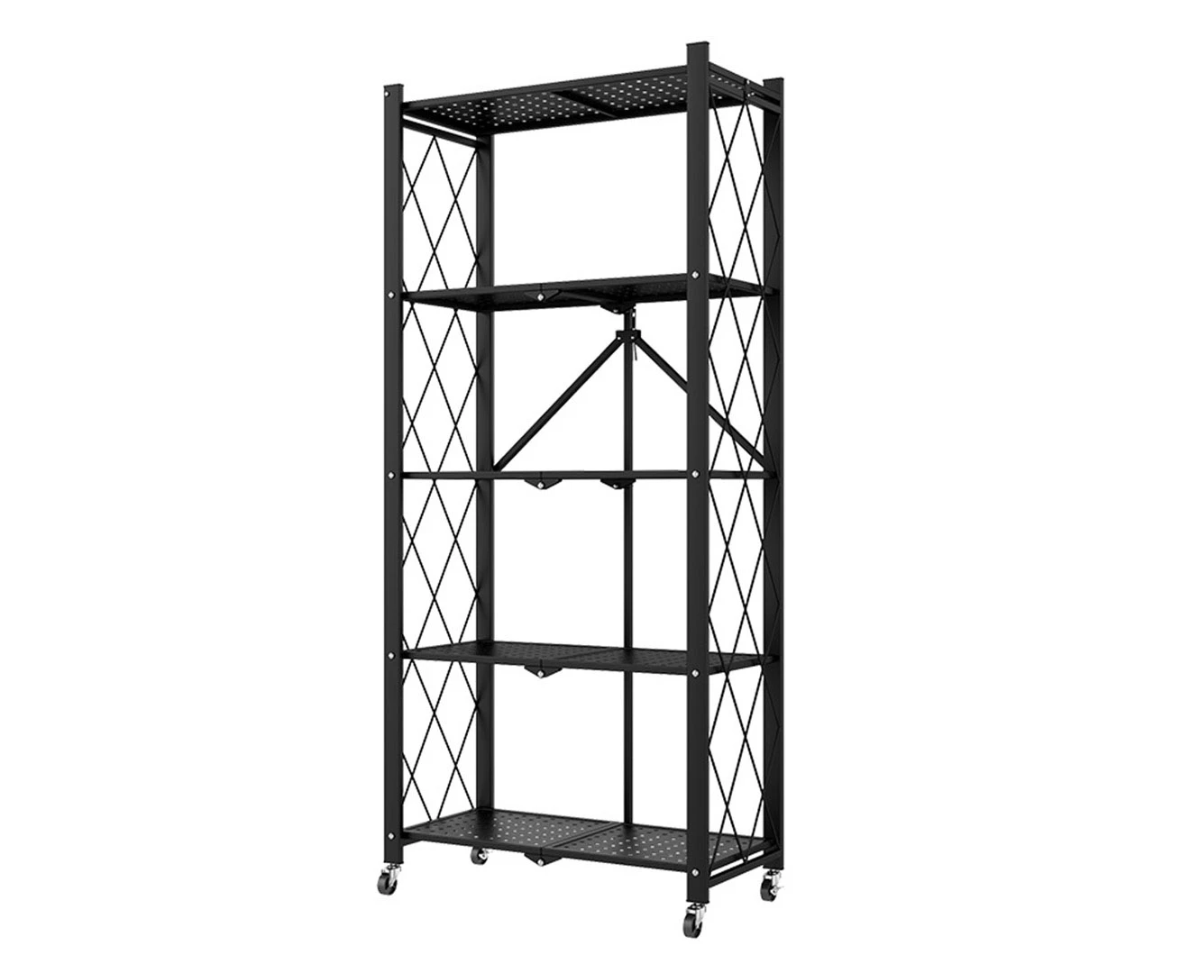 SOGA 5 Tier Steel Black Foldable Kitchen Cart Multi-Functional Shelves Portable Storage Organizer with Wheels