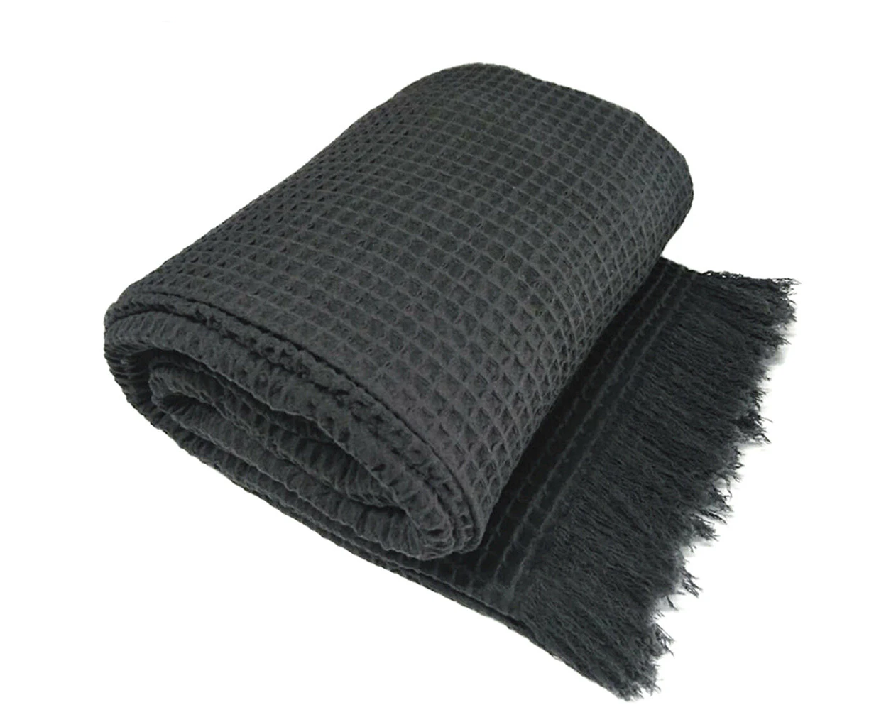 100% Cotton Chunky Large Waffle Blanket Tassel Chenille Throw Rug 180x230cm Charcoal