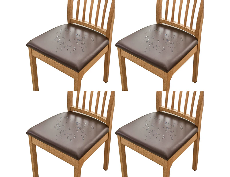 4Pcs Set PU Leather Stretch Chair Seat Cover Solid Waterproof Oilproof Dining Chair Slipcover Protector-Coffee