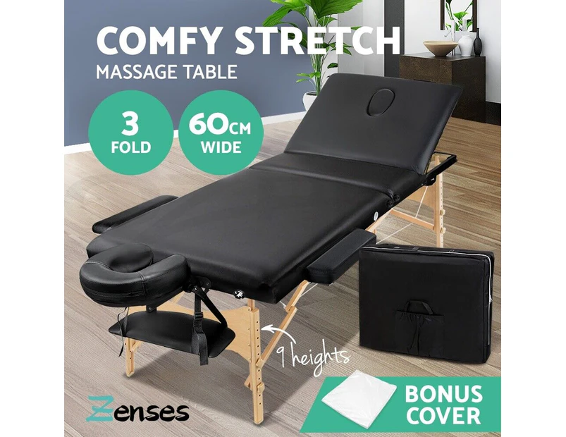 Zenses Massage Table Wooden Portable 3 Fold Beauty Therapy Bed Waxing 60CM BLACK