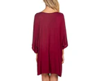 Strapsco Women's Sleepshirt Deep V Neck Nightgown Batwing Loose Loungewear-Wine Red-YLX-0114
