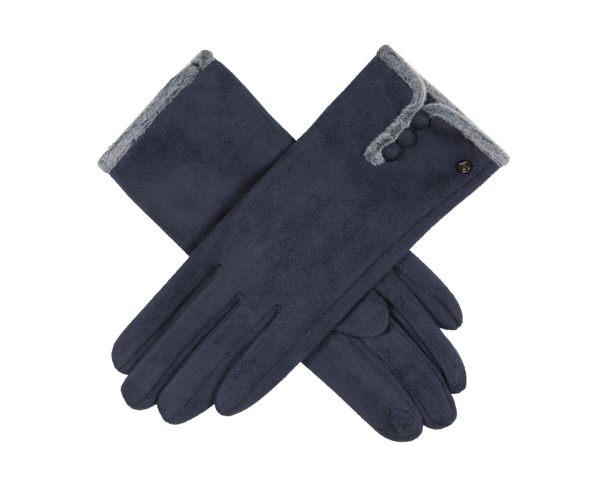 Women's Soft Feel Touchscreen Gloves with Faux Fur and Button Trim - Navy