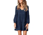 Strapsco Women Long Sleeve Tunic Dress V Neck Casual Loose Candy Colors Swing Shift Dresses-Blue Dots