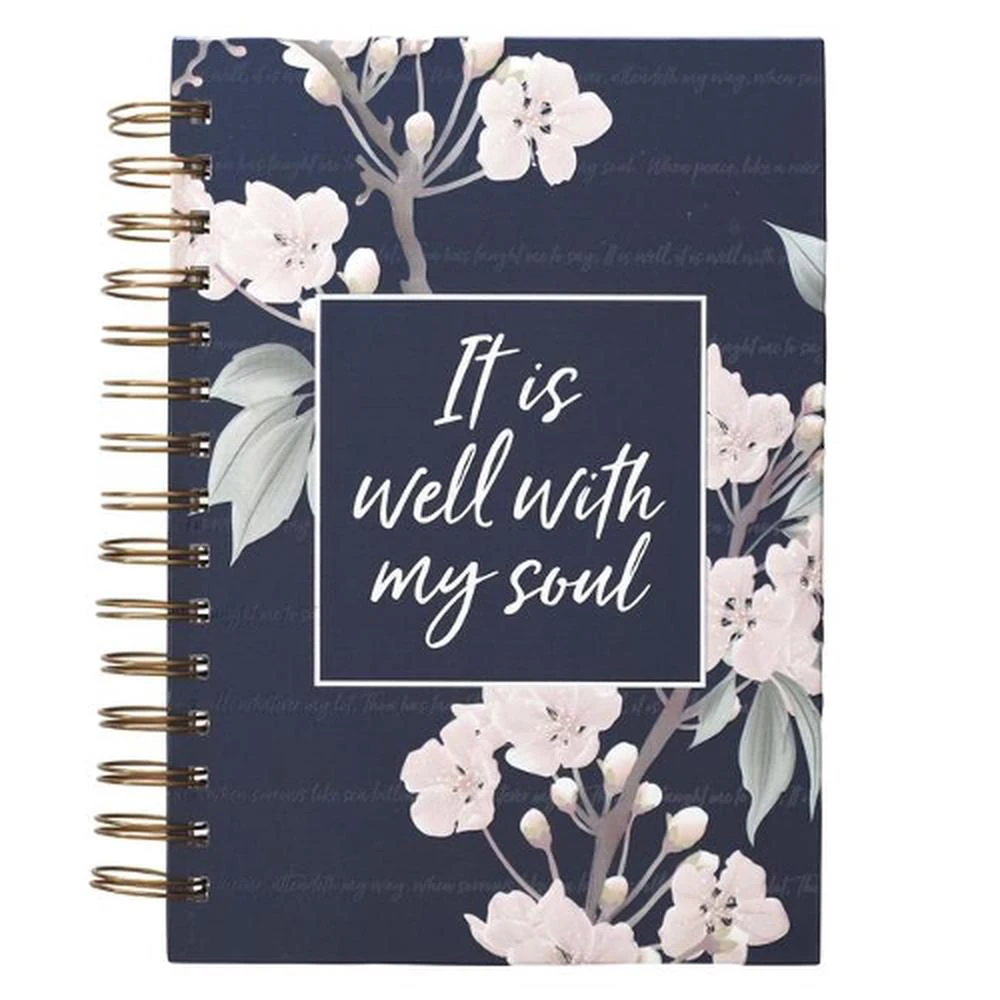 Inspirational Spiral Journal Notebook for Women It Is Well Navy Blue Floral Wire Bound W/192 Ruled Pages, Large Hardcover, with Love