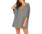 Strapsco Women's Sleepshirt Deep V Neck Nightgown Batwing Loose Loungewear-Gray-YLX-0114