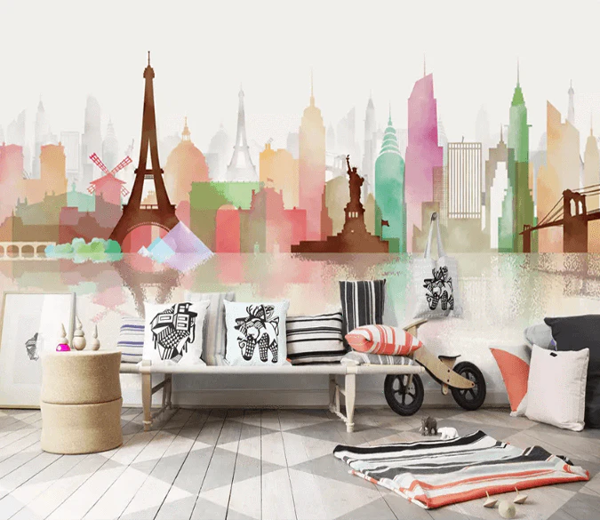 Jess Art Decoration 3D Modern Watercolor City Eiffel Tower Wall Murals 211