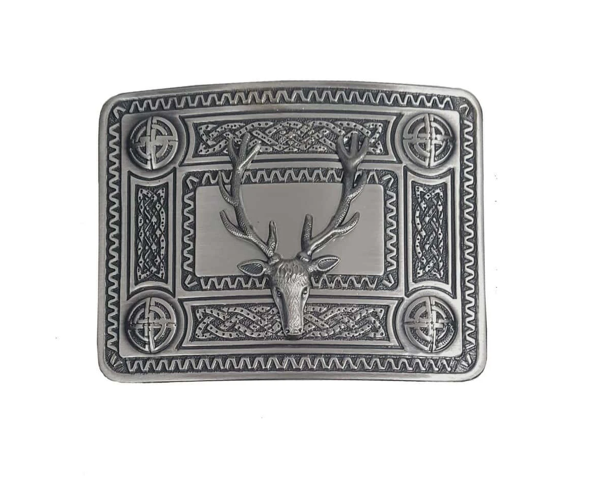 Stag Head Mount Kilt Belt Buckle Silver