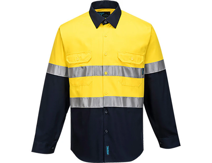 Prime Mover Hi-Vis Two Tone Regular Weight Long Sleeve Shirt with Tape - Yellow/Navy